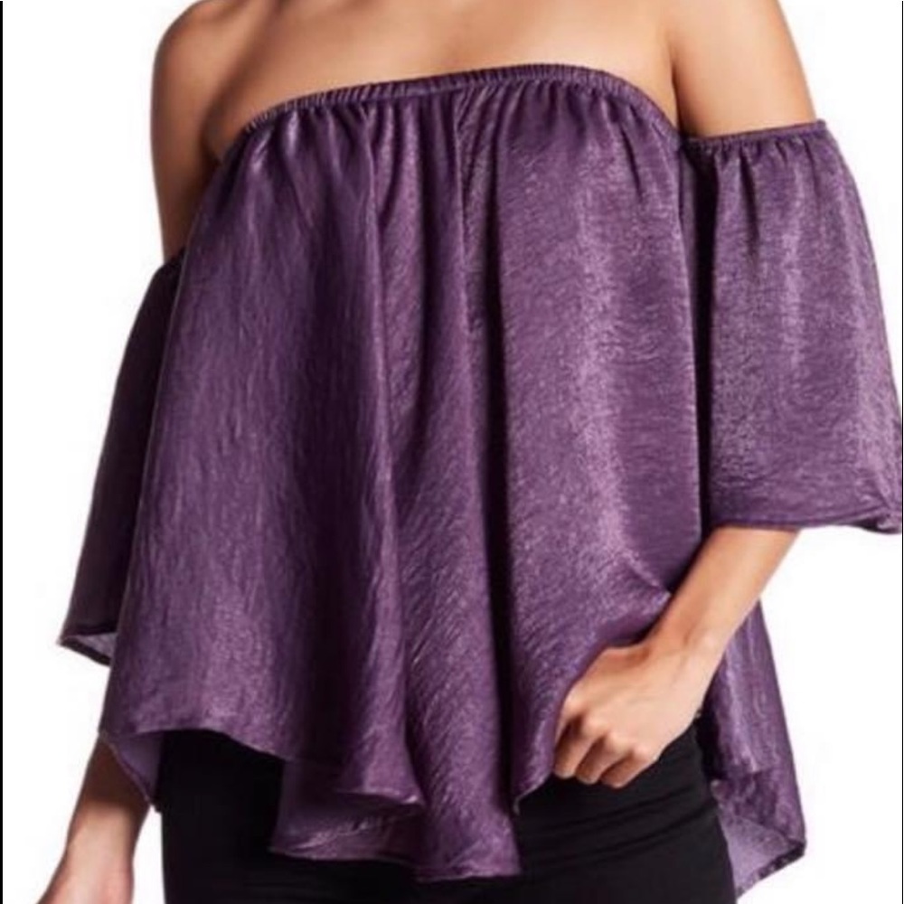 Purple silky off the shoulder top.